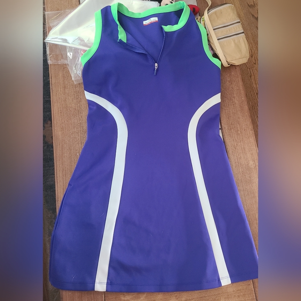 Grand Slam Blue With Green & White Trim Performance Dress Womens Size Med EUC